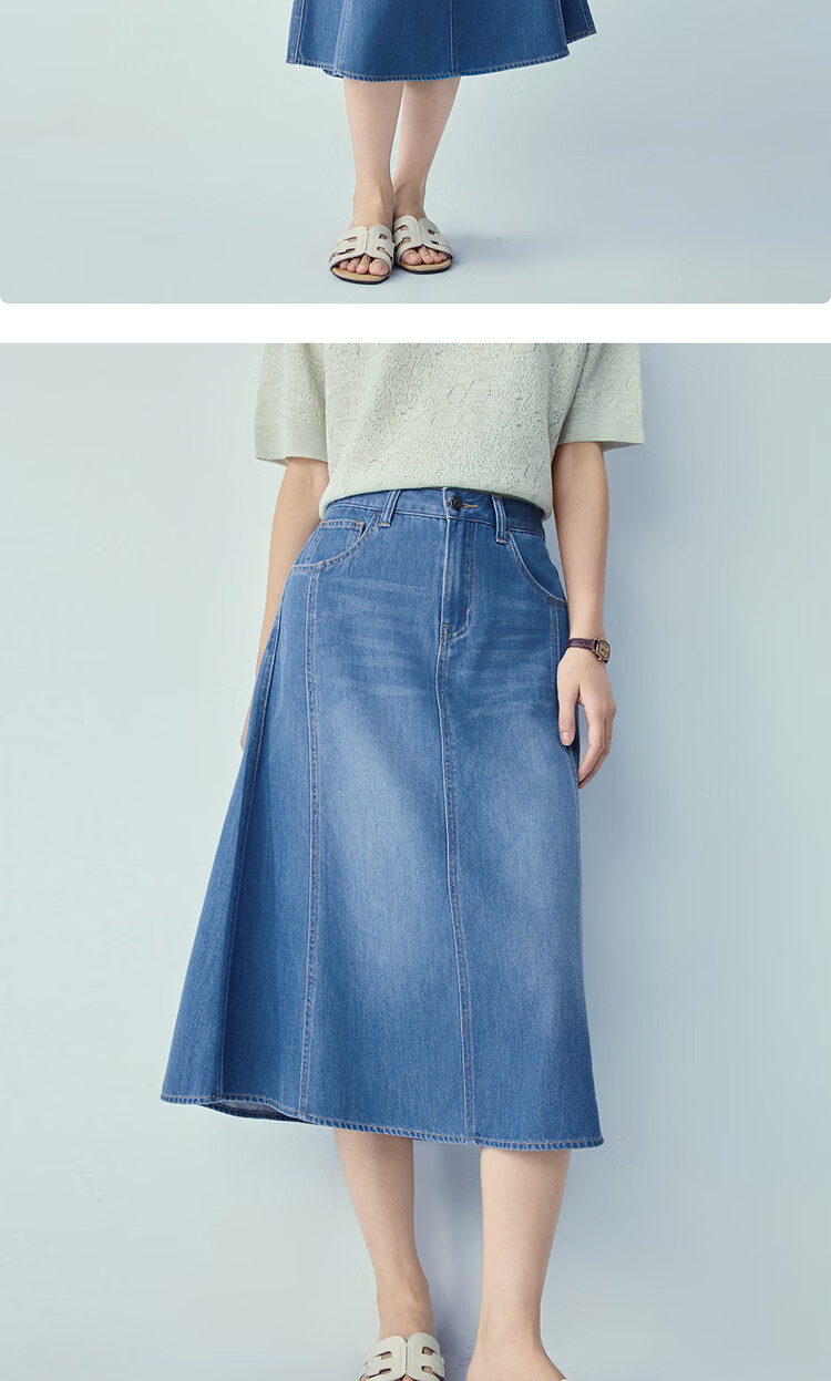 Giordano Women's New Lyocell Cool A-Line Denim Skirt Ripped Denim Midi Skirt 13466218 17