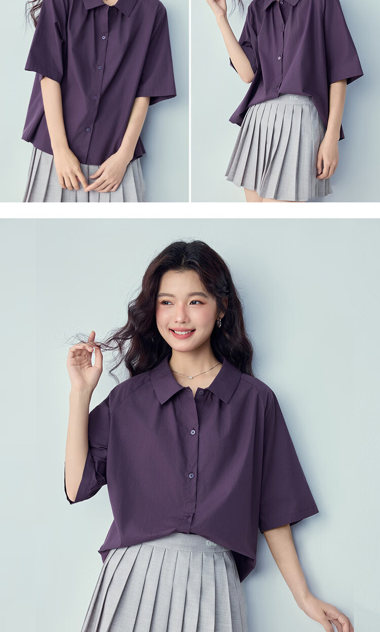 Giordano Women's 2026 Summer New Pure Cotton Solid Color Loose Fit Polo Collar Raglan Mid Sleeve Shirt 13346207 14