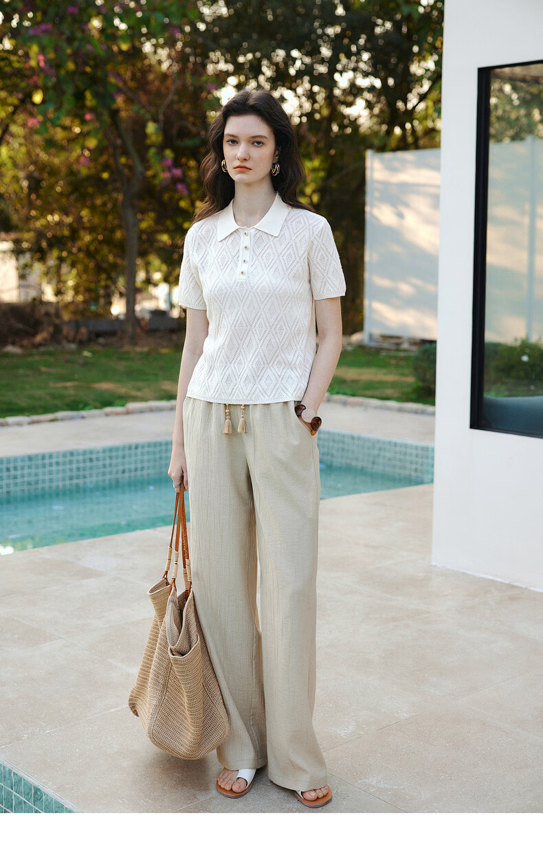 Olrain Summer New POLO Collar Commuter Rhombus Jacquard Knit Sweater for Women White L 14