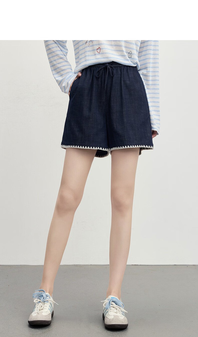 Sllsky Colorblock Shell Embroidered A-Line Denim Shorts for Women Summer Elastic Waist Vintage Petite Casual Wide-Leg Pants 18
