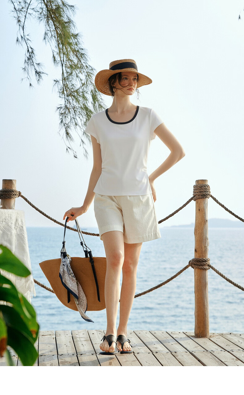 Olrain Eurielle Summer New Pleated Waist Slim Fit Color-Block Round Neck Short Sleeve T-Shirt Women Casual Top White XL 11
