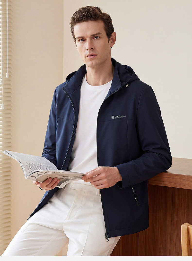 SHANSHAN High-End Jacket for Men, Spring And Autumn Casual Striped Inner Lining Zipper Coat with Detachable Hood, Dad's Clothing 15