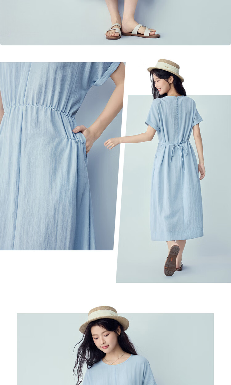 Giordano Women's Short Sleeve Dress 2026 Summer Cooling Tie Waist Round Neck Sleeve Dress 05466307 14