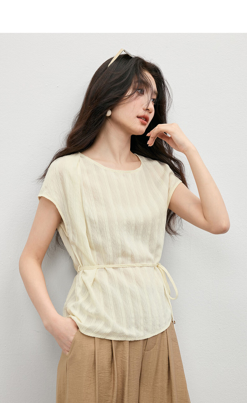 Shangdu Bila Commuter Gentle Style Round Neck T-Shirt Women Summer Vertical Jacquard Textured Loose Slim Pleated Casual Top 7