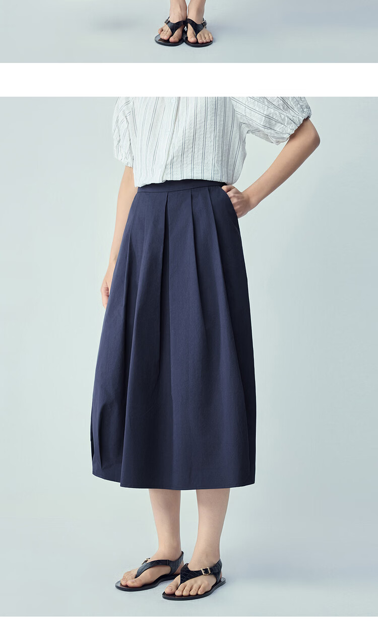 Giordano Women's Bud Skirt 2026 Summer Pure Cotton Semi-Elastic Waist Pleated A-Line Midi Skirt 13466203 15