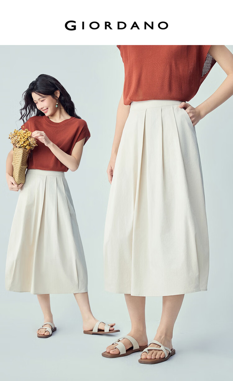 Giordano Women's Bud Skirt 2026 Summer Pure Cotton Semi-Elastic Waist Pleated A-Line Midi Skirt 13466203 3