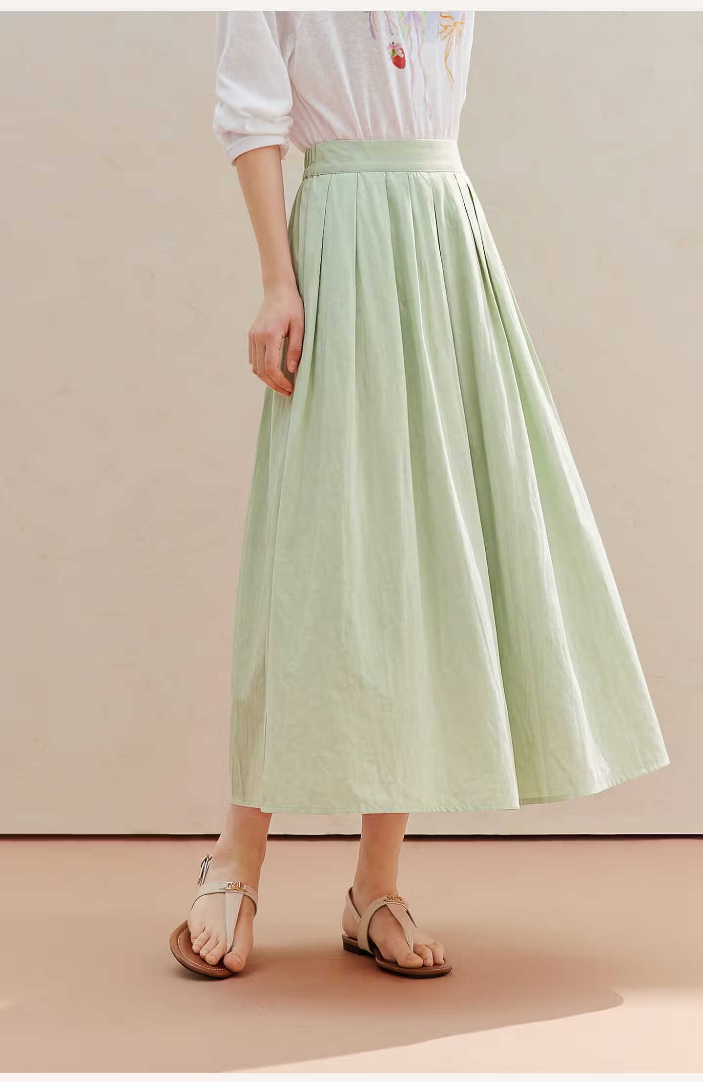 INMAN Elastic Back Waist Accordion Pleated Long Skirt Summer 2026 New Women's Skirt Apple Green S 14