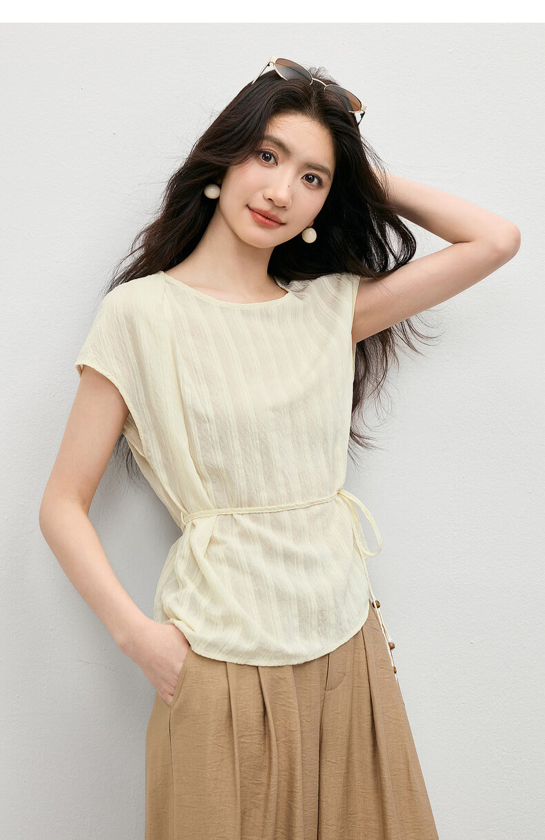 Shangdu Bila Commuter Gentle Style Round Neck T-Shirt Women Summer Vertical Jacquard Textured Loose Slim Pleated Casual Top 19