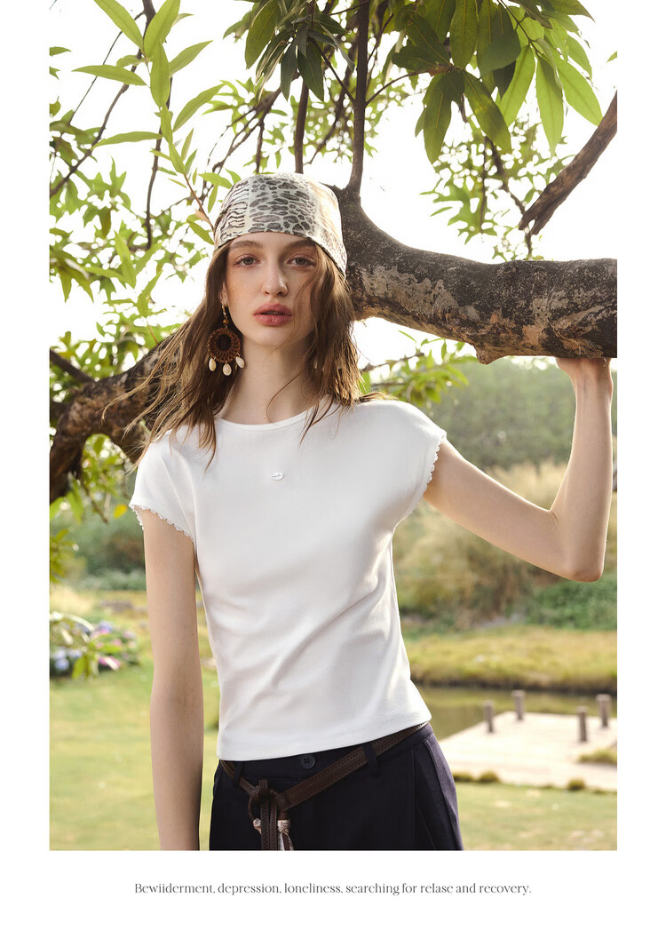 Olrain Eurier Simple Small Lace Sleeve Slim Fit Top Women New Summer Casual Short Sleeve T-Shirt Black XL 11