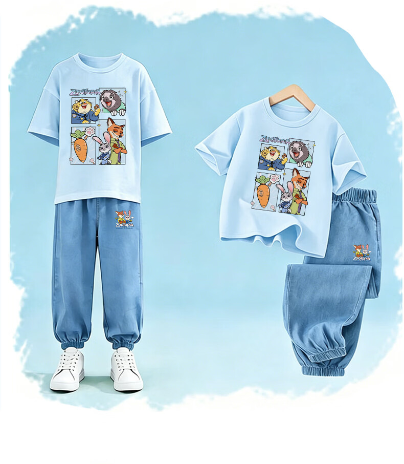 Disney Zootopia Boys' Short Sleeve T-Shirt and Tencel Mosquito-Repellent Pants Set, Animal Ice Blue T-Shirt + Rabbit Fox Light Blue Pants, Size 120 8