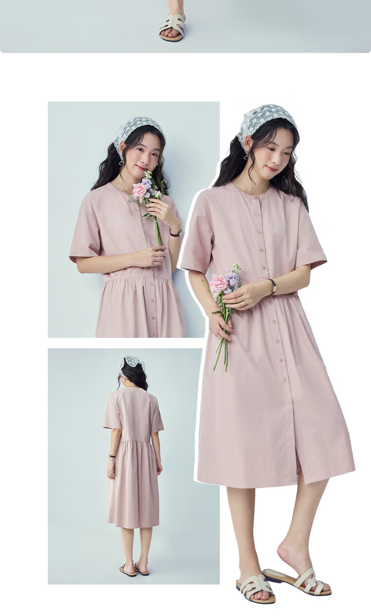 Giordano Women's Short Sleeve Dress 2026 Summer Pure Cotton Solid Color Patchwork Pleated Round Neck Dress 13466230 12