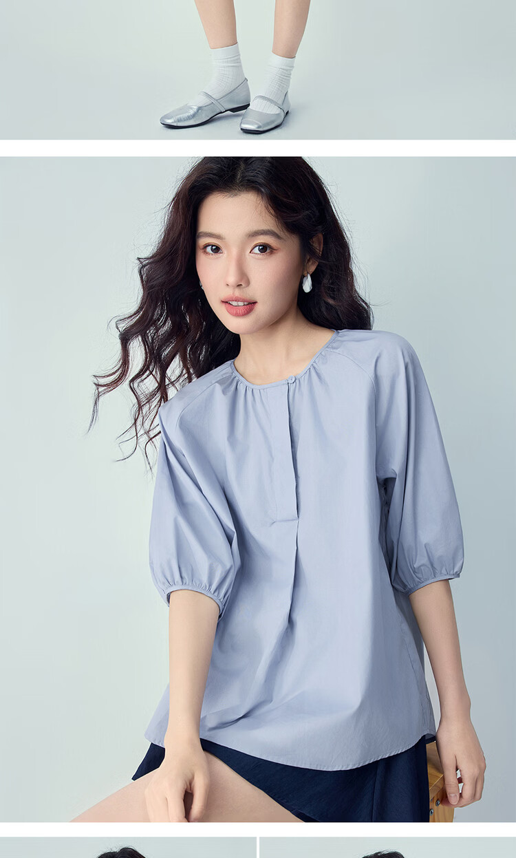 Giordano Women's 2026 Summer New Pure Cotton Loose Pleated Round Neck Raglan Mid Sleeve Shirt 05346120 15