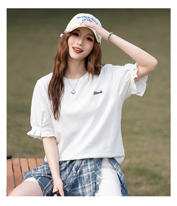 TonLion 2026 Summer New Women's Short Sleeve T-Shirt Sweet Cute Style White Puff Sleeve French Design 7