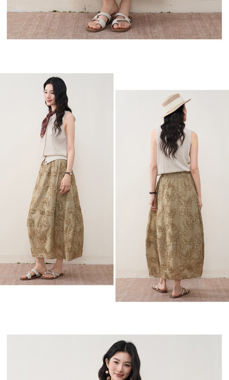 Giordano Designer Ruched Skirt Women's Heavy-Duty Distressed 3D Applique Elastic Waist Midi Skirt 18466810 10
