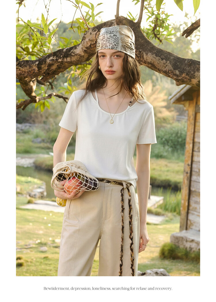 Olrain Eurier Round Neck Beaded Fitted Short Sleeve T-Shirt Women's Summer New Casual Trendy Top Brown S 11