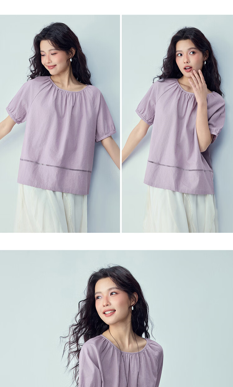 Giordano Women's Summer New Cotton Linen Loose Round Neck Hollow Raglan Short Sleeve Shirt 05346471 11