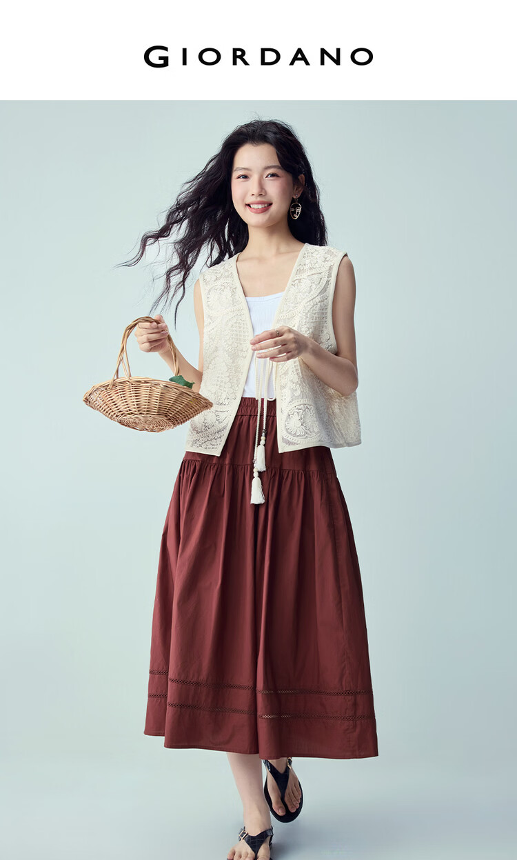Giordano Women's 2026 Summer Cotton Patchwork Hollow Out Elastic Waist A-Line Skirt 13466211 3