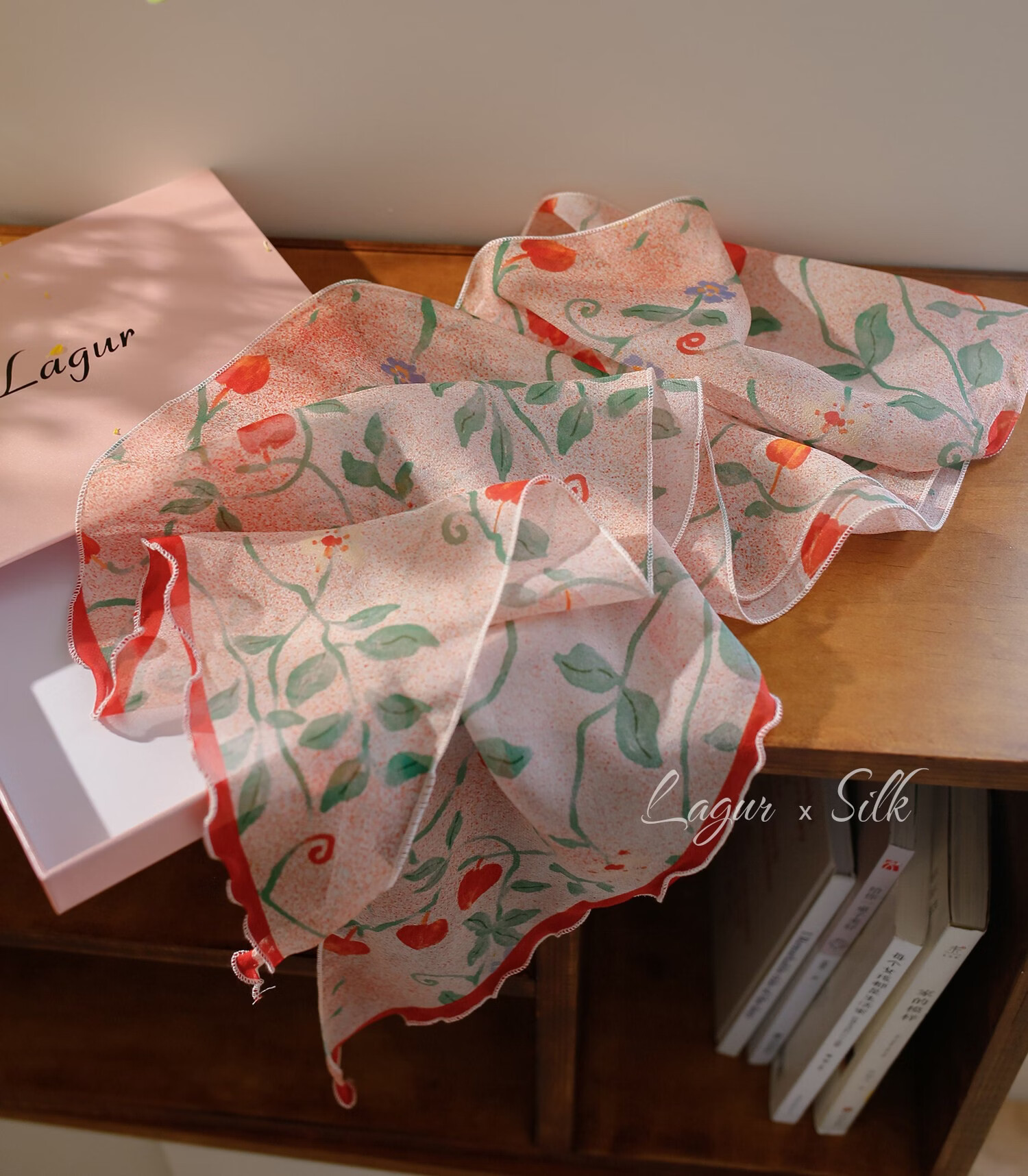 Lagur "Strawberry Dots" Sweet Feel~100% Chiffon Scarf Long Lightweight Women's Strawberry Dot Pattern 17