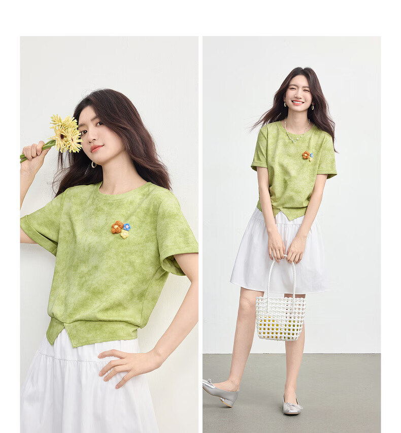 Sllsky Handmade 3D Crochet Tie-Dye Short Sleeve T-Shirt Women Straight Shoulder Crew Neck Cropped Top 2026 Summer New Arrival 7