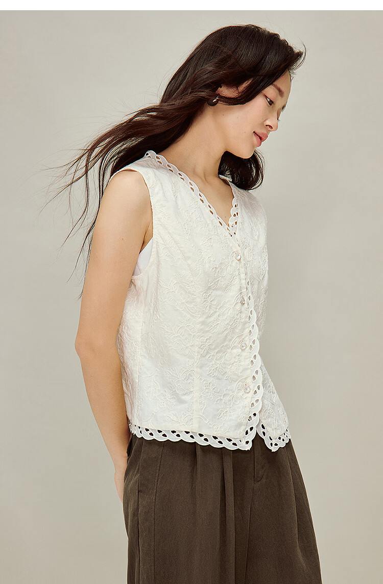 INMAN Embossed Embroidery V-Neck Short Sleeve Lace Blouse 26 Spring New Hollow Out Lace Top Beige L 16