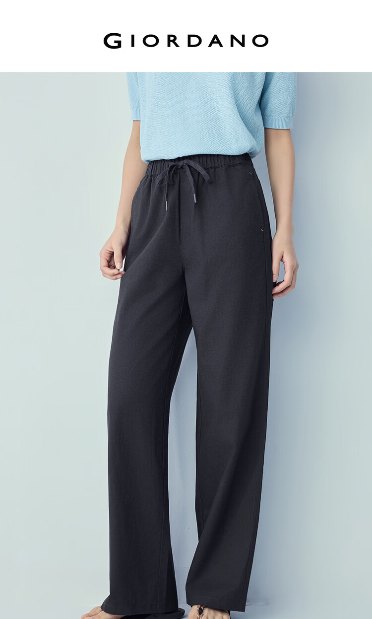 Giordano Women's Linen Pants 2026 Summer New Cotton Linen Drawstring Elastic Waist Straight Casual Trousers 13416307 3