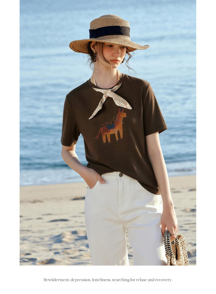 Olrain Eurielle French Style Printed Silk Scarf Short Sleeve T-Shirt Women's Summer Casual Commuting Trendy Top Beige S 14