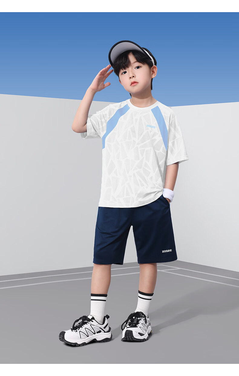 Zuoxi Boys' Summer Outfit Set, 2026 New Style Children's Short-Sleeve Set, Quick-Dry Sports Two-Piece Suit for Summer, Blue, Size 160 30