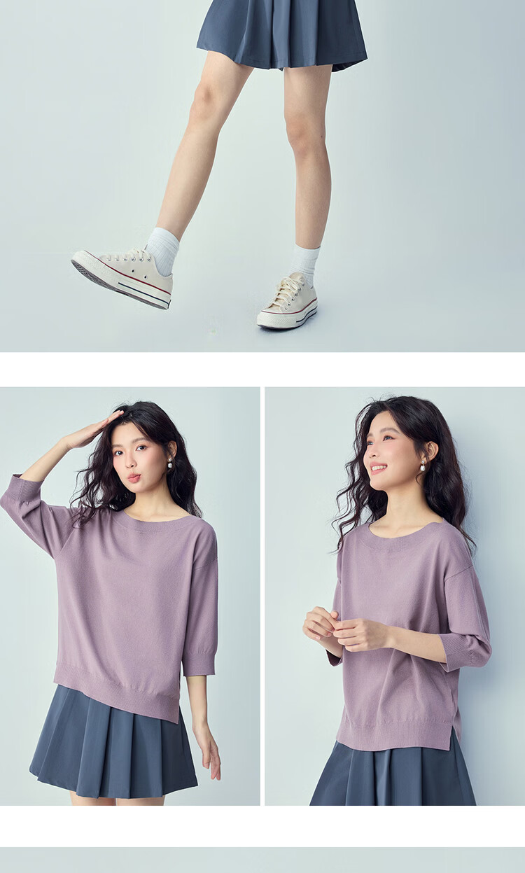 Giordano 2026 Summer Women's Asymmetric Hem Loose Drop Shoulder Mid Sleeve Boat Neck Knit Sweater 13356252 14
