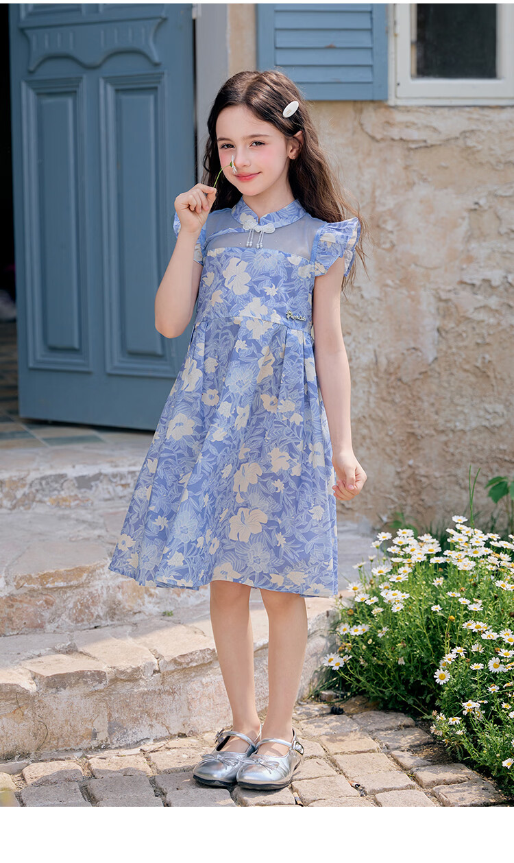 Disney Girls Summer Thin Flutter Sleeve Princess Dress 2026 New Chinese Style Floral Dress for Girls 15