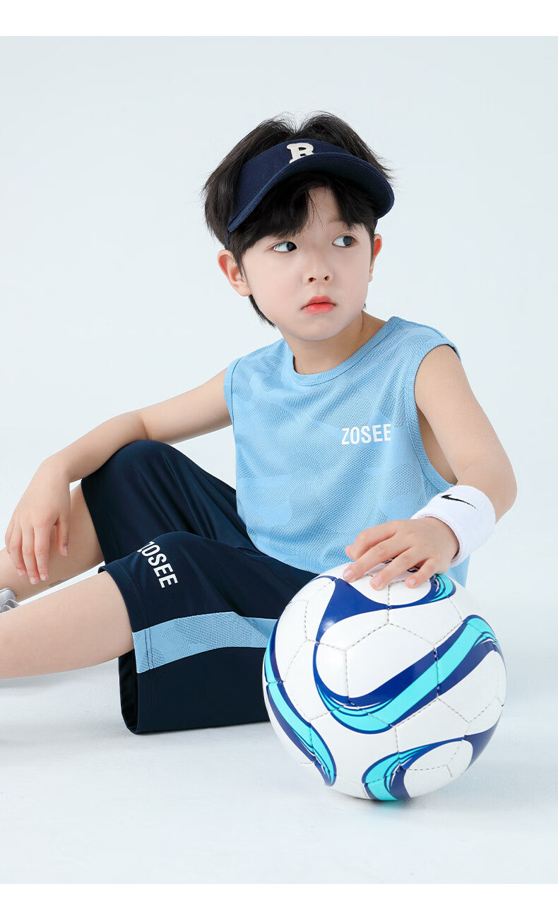 Zuoxi Boys' Summer Outfit Set, 2026 New Style Children's Short-Sleeve Set, Quick-Dry Sports Two-Piece Suit for Summer, Blue, Size 160 44
