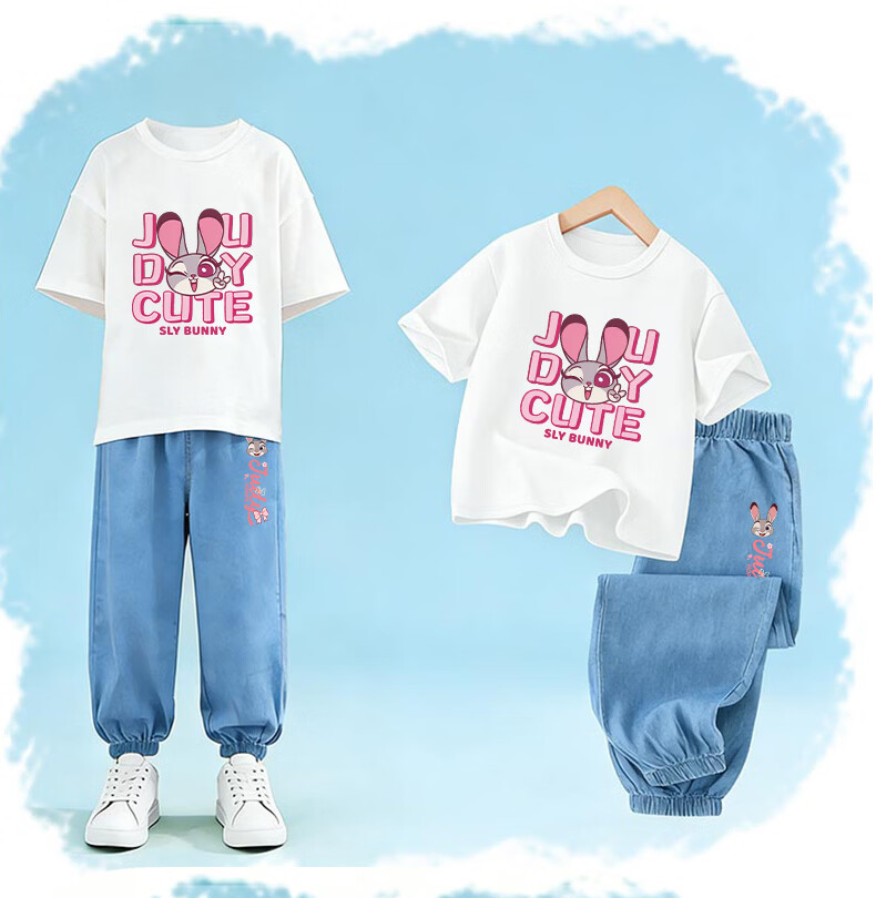 Disney Girls Summer Set New Short Sleeve T-Shirt and Tencel Jeans Judy Officer White + Running Rabbit Light Blue 150 9