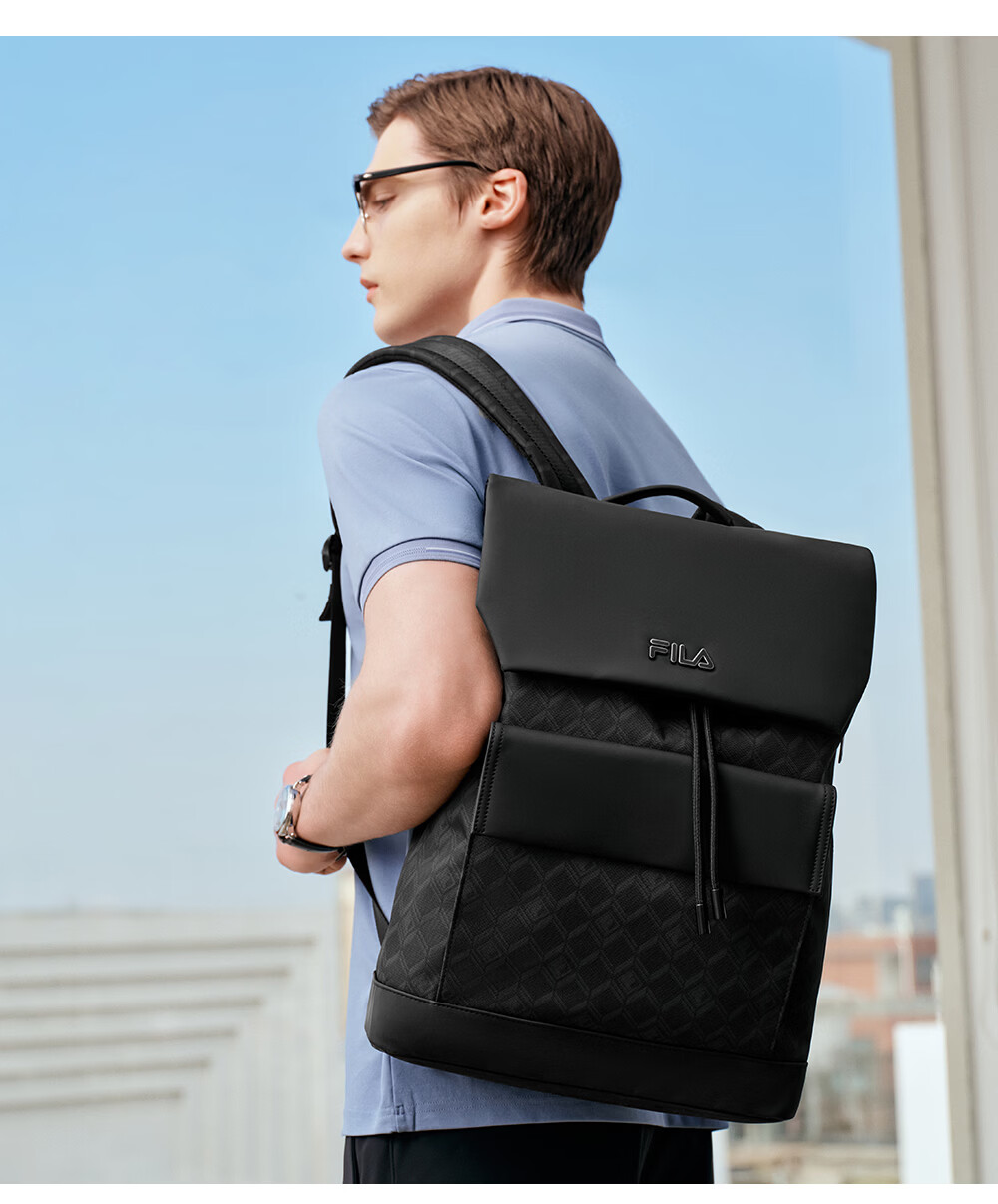 FILA Official "Black Warrior" Men's Commuter Fashion Casual Backpack Flap Double Shoulder Bag 5