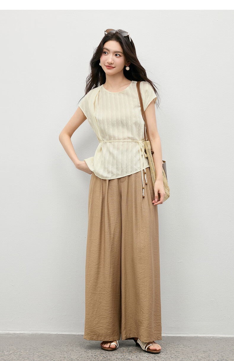 Shangdu Bila Commuter Gentle Style Round Neck T-Shirt Women Summer Vertical Jacquard Textured Loose Slim Pleated Casual Top 22