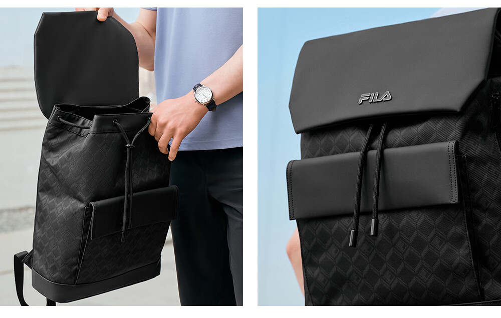 FILA Official "Black Warrior" Men's Commuter Fashion Casual Backpack Flap Double Shoulder Bag 6