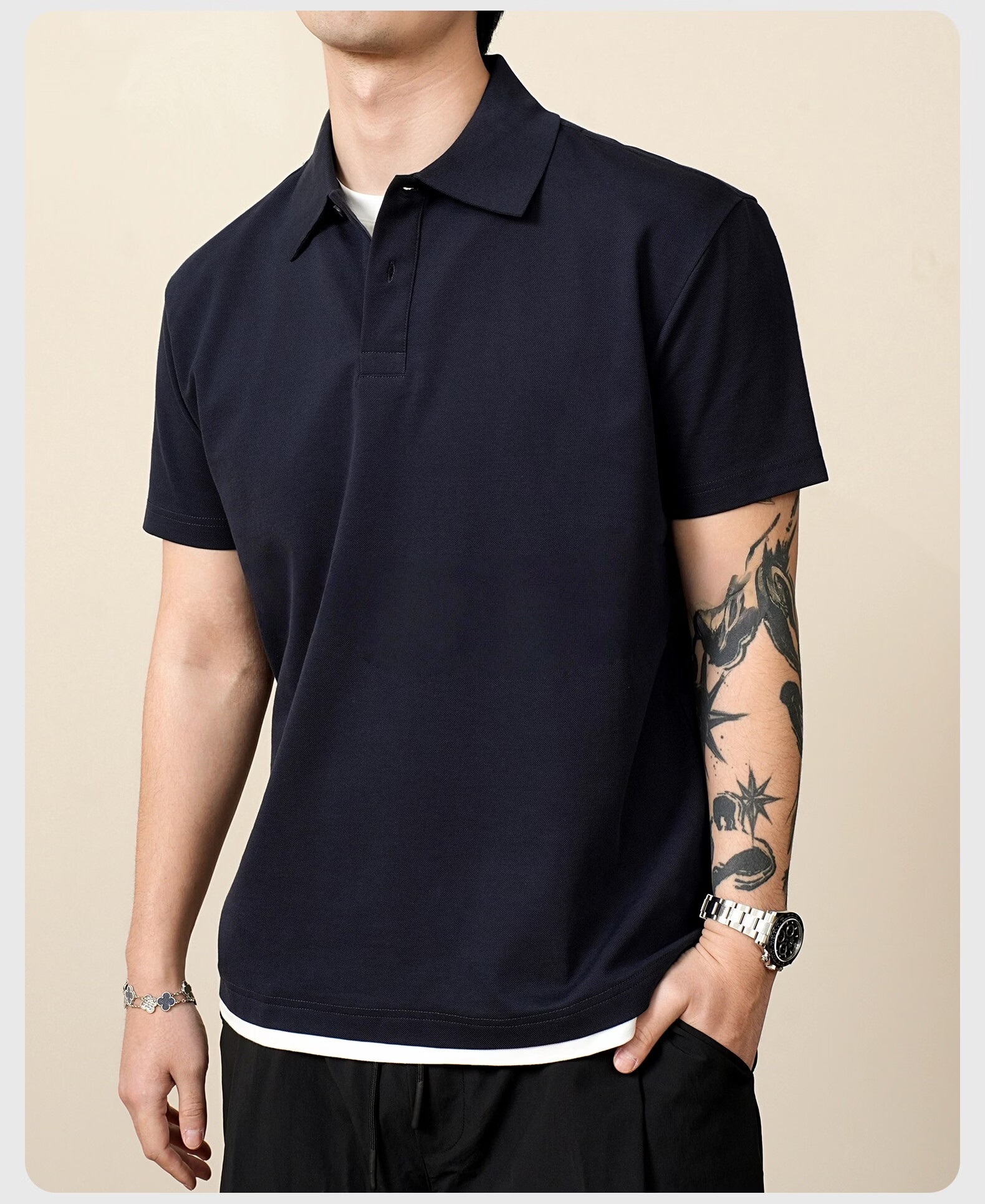 ROMON Pearl Cotton Two-Piece Short Sleeve Polo Shirt Men's Summer Casual Cool T-Shirt Navy Blue M 8