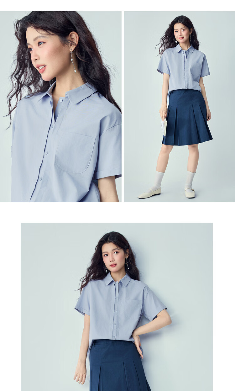 Giordano Women's Commuter Shirt 2026 Summer Pure Cotton Loose Pleated Single Pocket Short Sleeve Shirt 13346217 18