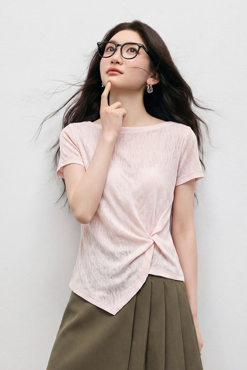 Shangdubila Tailored Twist Fashion T-Shirt Women Summer Off-Shoulder Irregular Slim Fit Stretch Textured Knitwear 10