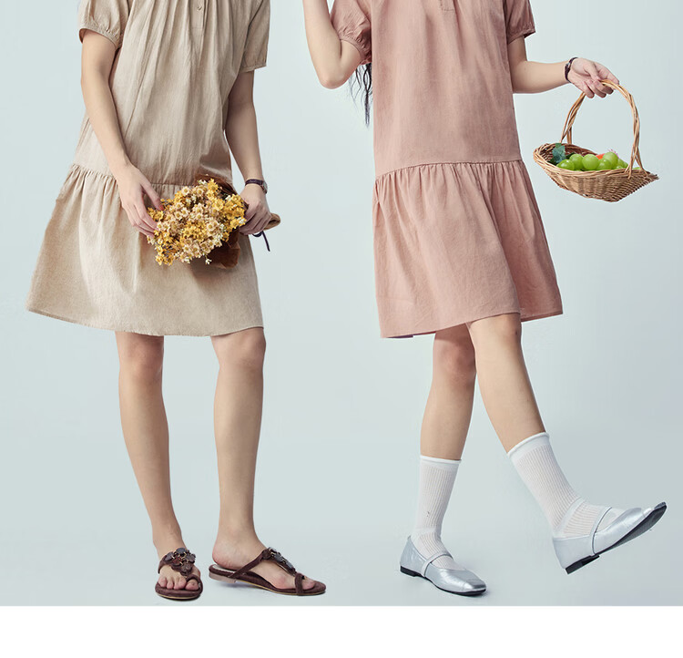 Giordano Women's Summer New Cotton Linen Pleated Round Neck Loose Puff Sleeve Dress 05466070 12