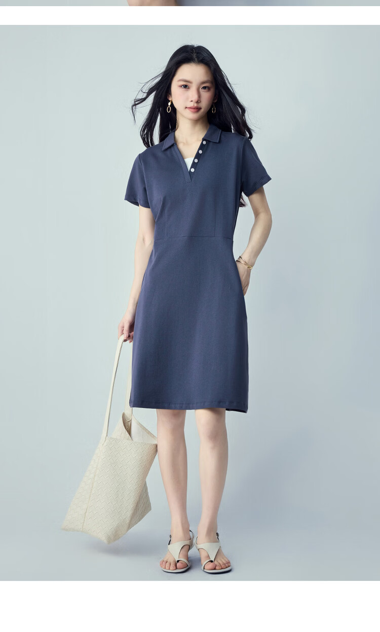 Giordano Women's Short Sleeve Dress Pure Cotton Knit Sweatshirt Dress Color Block Faux Two-Piece Polo Collar Dress 05466470 15