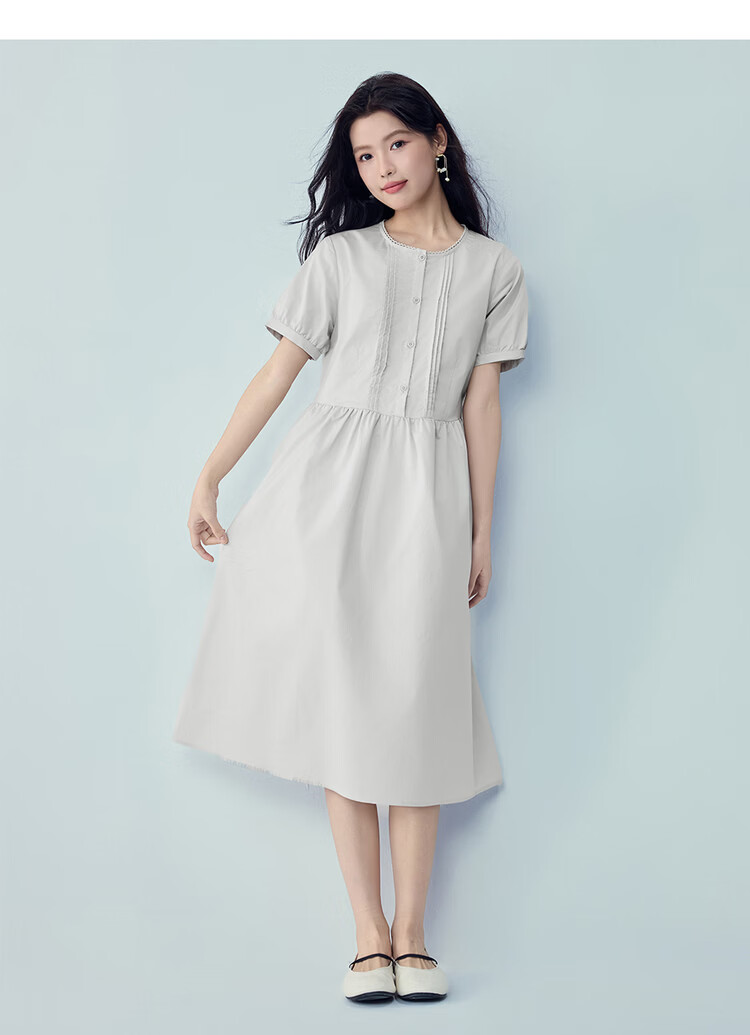 Giordano 2026 Summer Black Technology Cooling Striped Tie Lace Round Neck Short Sleeve Dress for Women 05466317 18