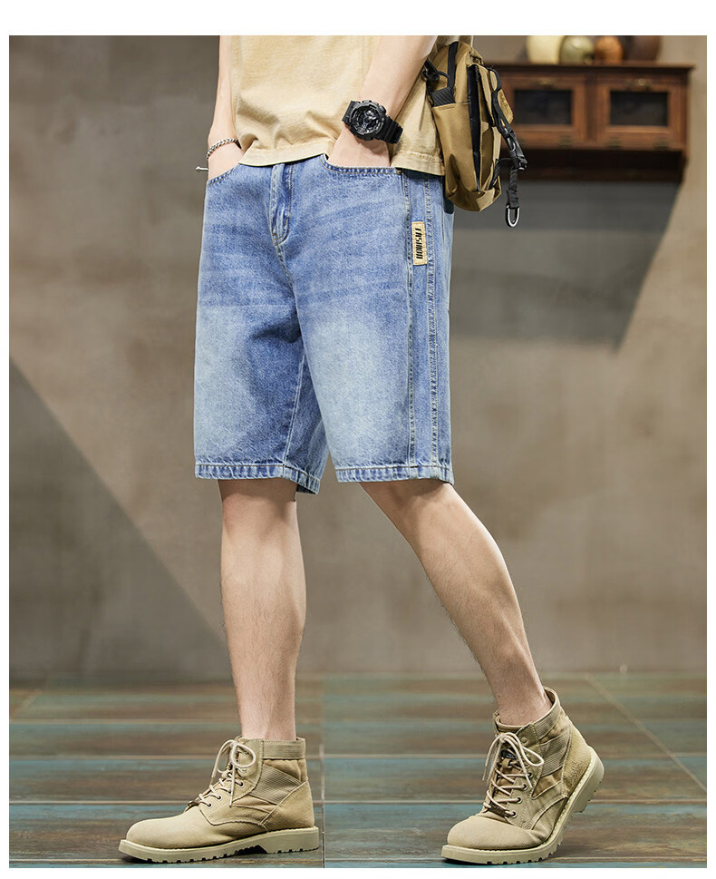 ROMON Summer 2026 New Retro American Style Men's Loose Straight-Leg Denim Shorts Blue 31 11