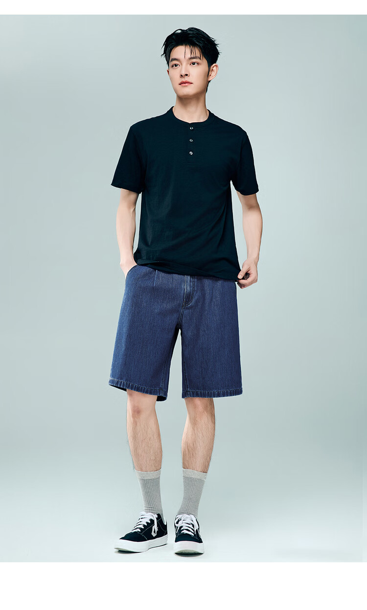 Giordano Men's New Soft Denim Straight Leg Pants Washed Semi-Elastic Waist Denim Shorts 13106306 18
