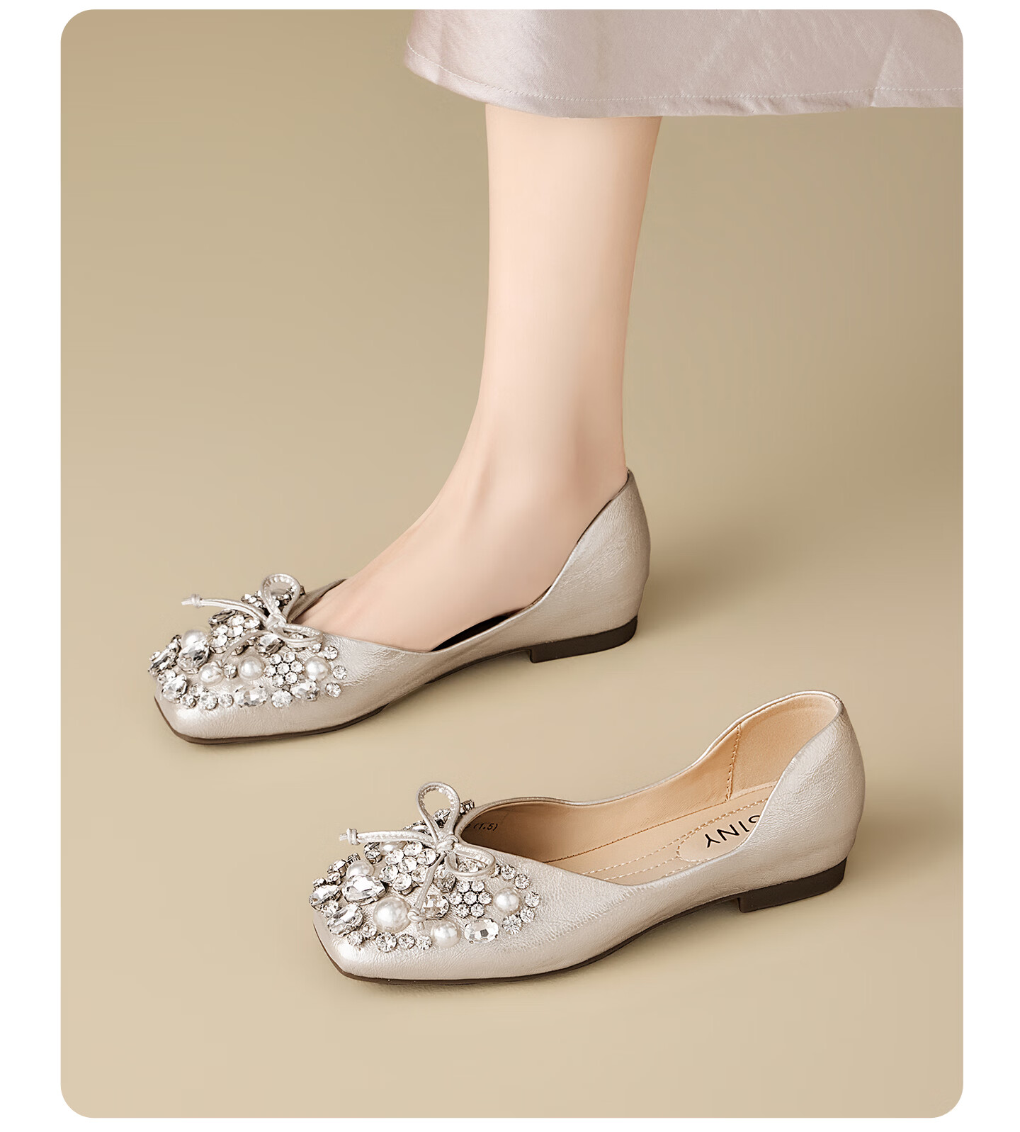 Josiny French Mary Jane Women's Shoes 2026 New Summer Gentle Low-Cut Single Shoes Rhinestone Soft Sole Leather Shoes Champagne Gold Size 37 11