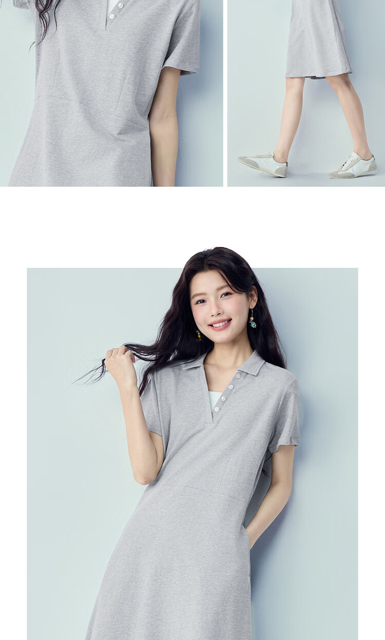 Giordano Women's Short Sleeve Dress Pure Cotton Knit Sweatshirt Dress Color Block Faux Two-Piece Polo Collar Dress 05466470 12