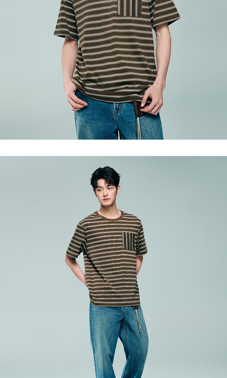 Giordano Men's Short Sleeve T-Shirt 2026 Summer New Pure Cotton Striped Patch Pocket Crew Neck Top 13026224 15