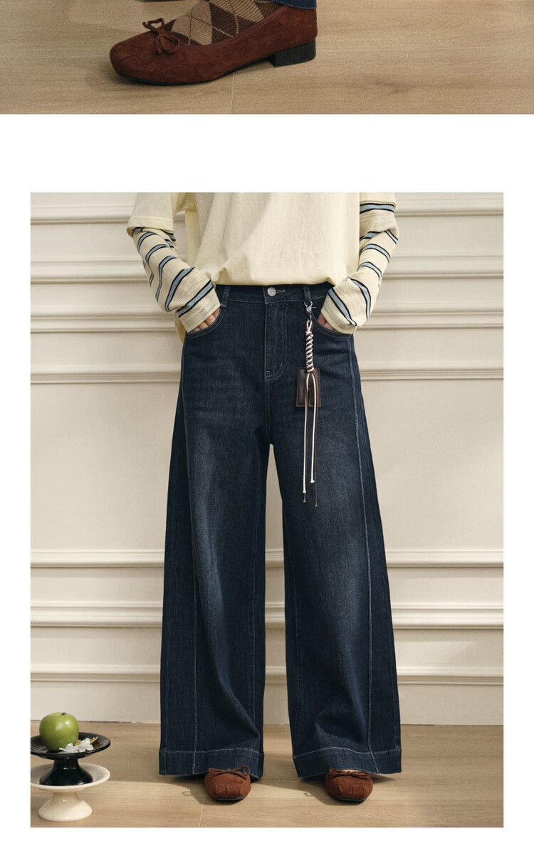 Giordano Designer Women's Pants Deep Blue Vintage Washed High Waist Wide Leg Jeans 18416302 13