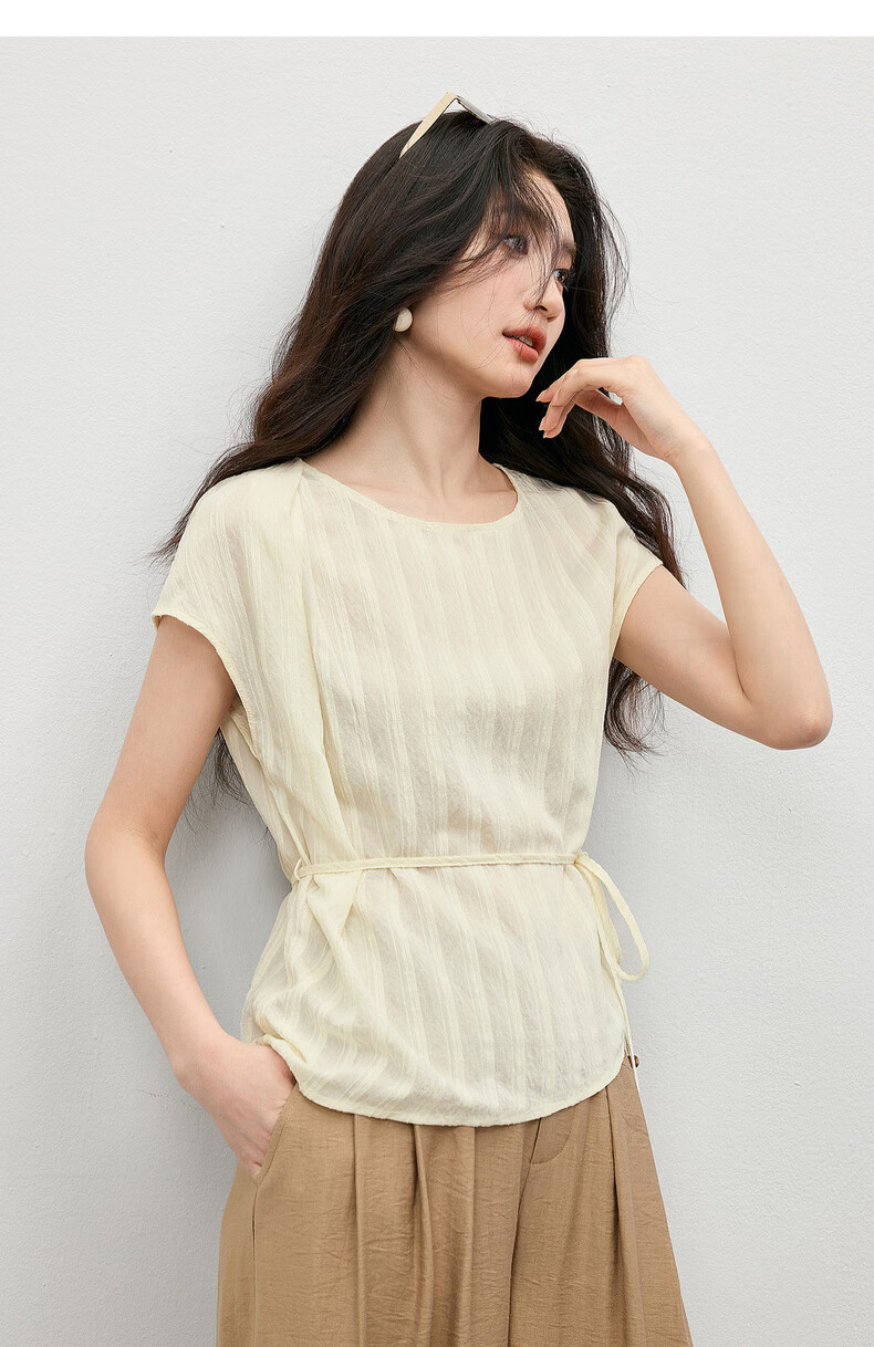 Shangdu Bila Commuter Gentle Style Round Neck T-Shirt Women Summer Vertical Jacquard Textured Loose Slim Pleated Casual Top 20