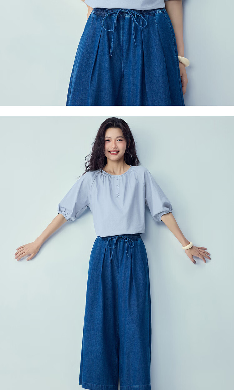 Giordano Women's Cotton Linen Shirt 2026 Summer New Loose Pleated Round Neck Raglan Mid Sleeve Shirt 05346461 14