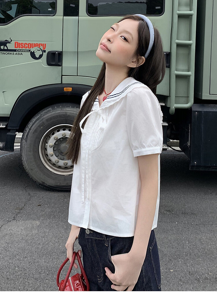 TonLion 2026 Summer Women's Short Sleeve Shirt College Style Youthful Simple Design Navy Collar Short Sleeve Shirt 10