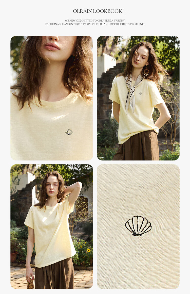Olrain Simple Casual Embroidered Short Sleeve T-Shirt Women Summer New Loose Versatile Slim Top Yellow XL 12